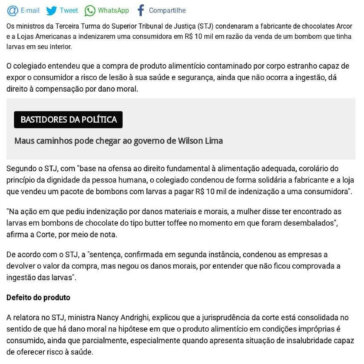 STJ manda indenizar mulher por bombom com larvas que não chegou a ser comido – Portal do Holanda