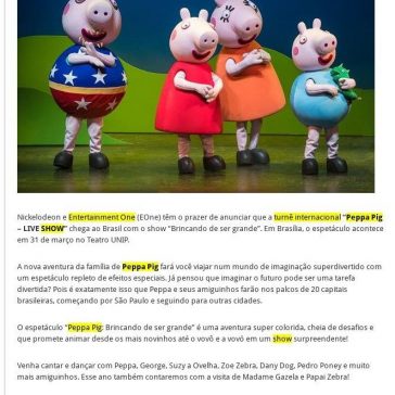 TURNÊ INTERNACIONAL “PEPPA PIG – LIVE SHOW” CHEGA A BRASÍLIA – Zero6Um