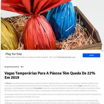 Vagas temporárias para a Páscoa têm queda de 22% em 2019 – 24Brasil
