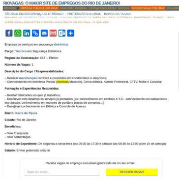 Técnico em Segurança Eletrônica – Pretensão Salarial – Barra da Tijuca- Rio Vagas