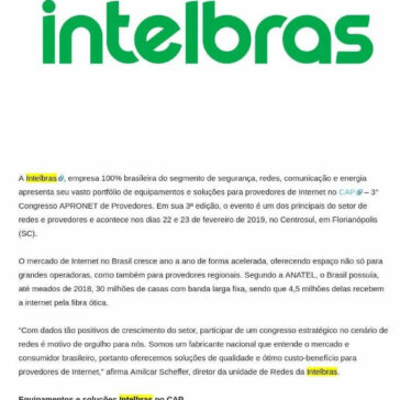 Intelbras apresenta soluções completas para ISPs no 3° Congresso APRONET de Provedores- E-Commerce News