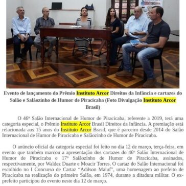 SALÃO INTERNACIONAL DE HUMOR DE PIRACICABA DE 2019 TEM PRÊMIO ESPECIAL INSTITUTO ARCOR DIREITOS DA INFÂNCIA – DIÁRIO DO RIO PRETO