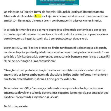STJ manda indenizar mulher por bombom com larvas que não chegou a ser comido – Jornal de Brasília