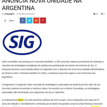 SIG AMPLIA PRESENÇA NO MERCADO LATINO-AMERICANO E ANUNCIA NOVA UNIDADE NA ARGENTINA – Embalagem e Tecnologia