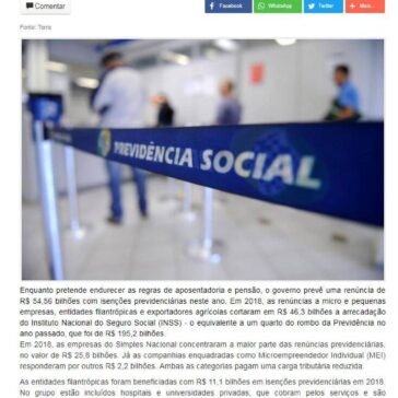 Renúncias previdenciárias vão tirar R$ 54 bi do INSS em 2019- Portal SRN