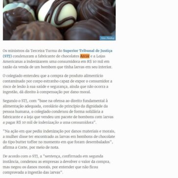 STJ manda indenizar mulher por bombom com larvas – Gazeta Online
