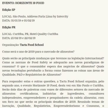 Horizonte 19 Food acontece em Curitiba – 21/02 e 22/02/2019 – ABRAFRIGO