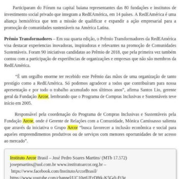 FUNDAÇÃO ARCOR GANHA O PRÊMIO TRANSFORMADORES DA REdEAMÉRICA – Portal Mariliense