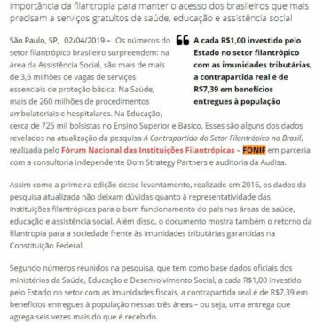Pesquisa mostra que contrapartida das filantrópicas é maior do que imunidade tributária destinada ao setor- Negócios & Ideias
