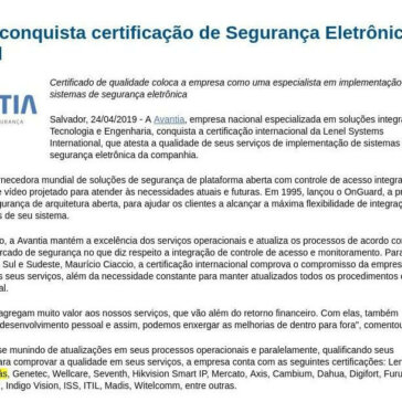 Avantia conquista certificação de Segurança Eletrônica da Lenel- Ti Bahia