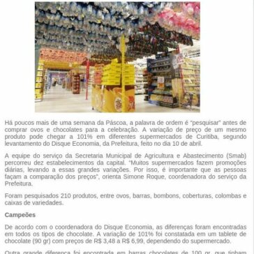 Preço do chocolate tem variação de até 101%, aponta Disque Economia – Portal Administrativo do Município Paraná