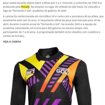 Camisa do goleiro Zetti no título do Mundial de Clubes de 1993 é relançada -LanceNet