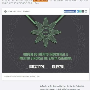 Jaraguaense é indicado para a Ordem do Mérito Industrial da FIESC -Diário da Jaragua