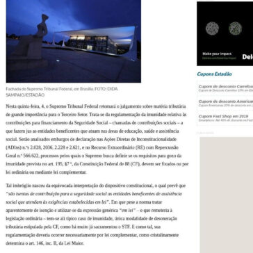 Supremo retoma julgamento sobre regulamentação da imunidade de entidades beneficentes- O Estado de S. Paulo (Online)