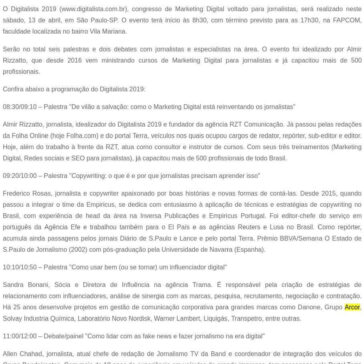 Digitalista 2019: Congresso de Marketing Digital para jornalistas acontece neste sábado – SEGS