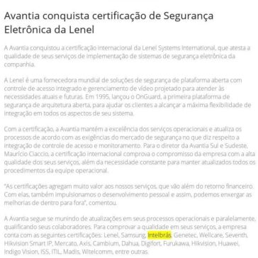 Avantia conquista certificação de Segurança Eletrônica da Lenel -Revista Segurança Eletrônica