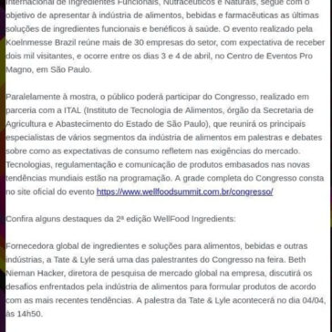 2ª edição do Wellfood Ingredients traz as mais recentes soluções para a indústria de alimentos e bebidas funcionais e saudáveis – V de Vininha