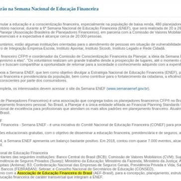 Planejadores Financeiros atuarão na Semana Nacional de Educação Financeira- Agência o Globo