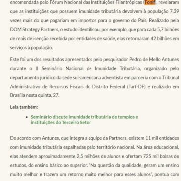Imunidade tributária gera 7,39 vezes mais retorno à população- Notícias Adventistas