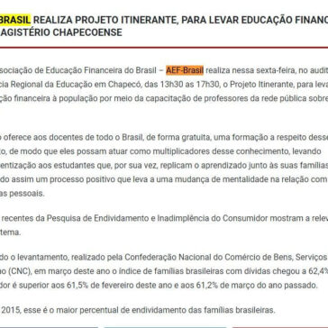 AEF-BRASIL REALIZA PROJETO ITINERANTE, PARA LEVAR EDUCAÇÃO FINANCEIRA AO MAGISTÉRIO CHAPECOENSE Rádio -Super Condá