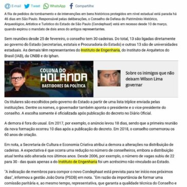 Sem nomeações, conselho estadual de patrimônio está parado há 46 dias em SP – Portal do Holanda