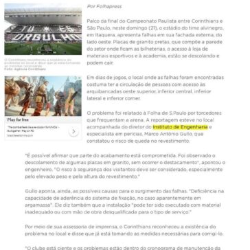 Estádio do Corinthians apresenta falhas em sua fachada e infiltrações- Diário do Litoral (On-line)