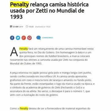 Penalty relança camisa histórica usada por Zetti no Mundial de 1993 -Terra