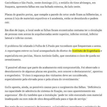 Estádio do Corinthians apresenta falhas em sua fachada e infiltrações- BemParaná