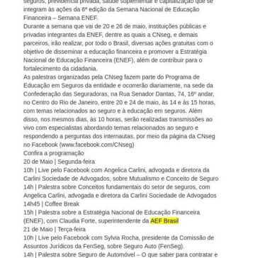 CNseg realiza uma série de palestras e “lives” pelo Facebook durante a 6ª Semana ENEF- Central de Notícias