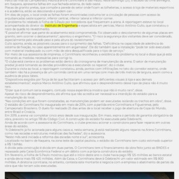 Estádio do Corinthians apresenta falhas em sua fachada e infiltrações- Jornal de Jundiai