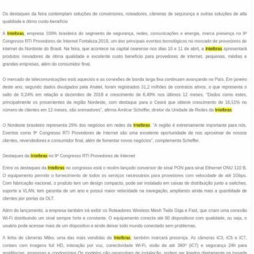 Intelbras marca presença no 9° Congresso RTI Provedores de Internet Fortaleza 2019- SEGS