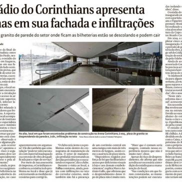 Estádio do Corinthians apresenta falhas em sua fachada e infiltrações- Folha de S. Paulo
