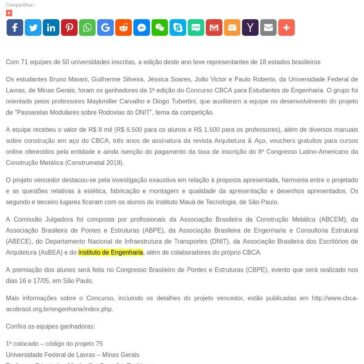 Equipe da Universidade Federal de Lavras vence o 1° Concurso CBCA para Estudantes de Engenharia- SEGS