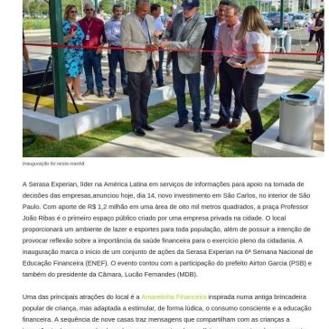 Em parceria com a Prefeitura, Serasa investe em praça que estimula a reflexão sobre a saúde financeira em São Carlos- São Carlos em Rede