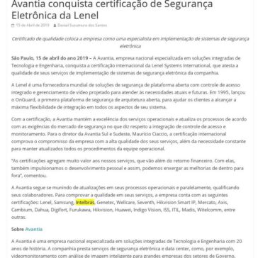 Avantia conquista certificação de Segurança Eletrônica da Lenel- Jornal Dia Dia