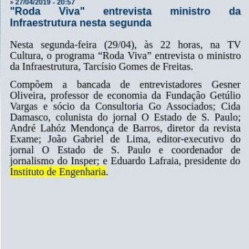 “Roda Viva” entrevista ministro da Infraestrutura nesta segunda- Fabio TV