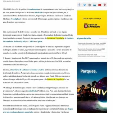 Sem nomeações, conselho estadual de patrimônio está parado há 46 dias em SP – O Estado de S. Paulo (Online)