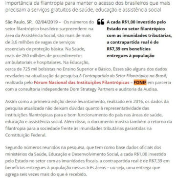 Pesquisa mostra que contrapartida das filantrópicas é maior do que imunidade tributária destinada ao setor- Falando da Notícia