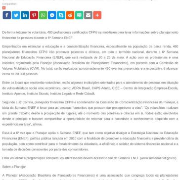 Planejadores Financeiros atuarão na Semana Nacional de Educação Financeira -SEGS