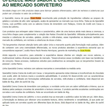 NOVA LINHA SPECIALITÁ CREMA OFERECE MAIS SABOR E CREMOSIDADE AO MERCADO SORVETEIRO – Aditivos e Ingredientes