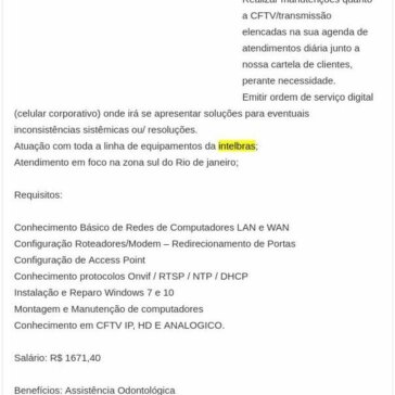 Instalador de Sistema EletrÒnico – RIO DE JANEIRO – 1 VAGA- Vagas Urgentes