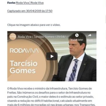 Roda Viva – Tarcísio Gomes – 29/04/2019- JF Clipping