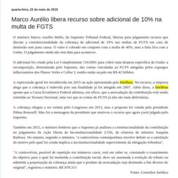Marco Aurélio libera recurso sobre adicional de 10% na multa de FGTS- SINDENEL Informativo