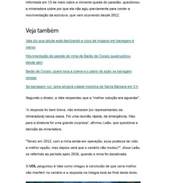 “Vale teve muito tempo para fazer algo em relação ao talude”, diz agência- BOL Notícias