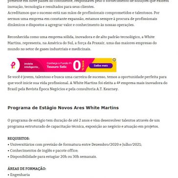 White Martins abre vagas para seu Programa de Estágio Novos Ares- Boa Informação