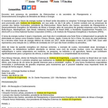 Situação da energia nuclear no Brasil é discutida em simpósio promovido pelo Instituto de Engenharia- Difundir