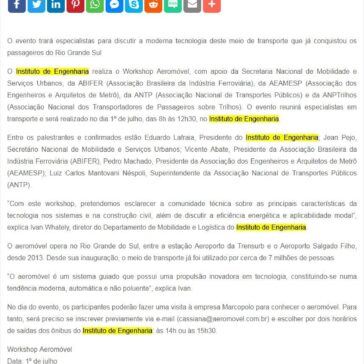 Instituto de Engenharia promove Workshop Aeromóvel -SEGS