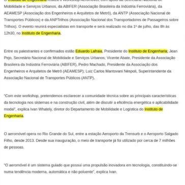 Instituto de Engenharia promove Workshop Aeromóvel- Porto Gente