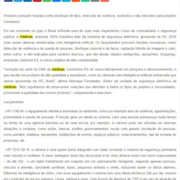 Intelbras lança câmeras inovadoras e embarcadas com inteligência artificial na ISC Brasil- SEGS
