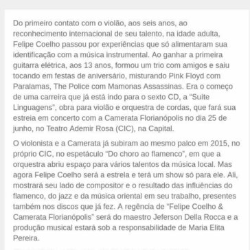 Camerata Florianópolis homenageia violonista Felipe Coelho- Jornal Imagem da Ilha